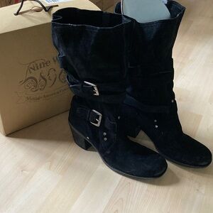 Nine West Black Suede  Heeled Boots with Buckle Detail Sz 10